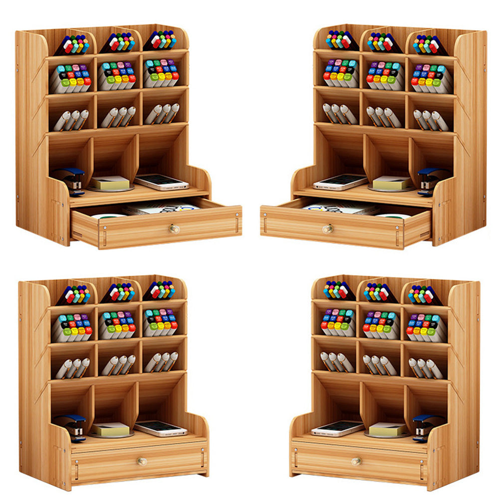 12 Compartment Wooden Desk Organizer with Drawers Art Supplies Storage Desktop Stationary-Khaki