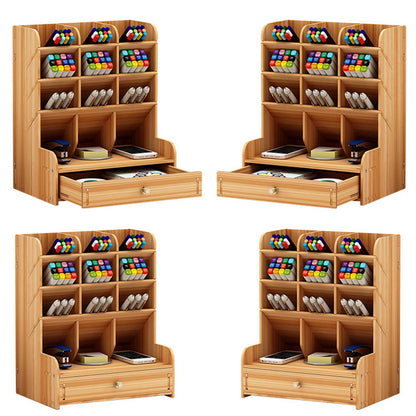 12 Compartment Wooden Desk Organizer with Drawers Art Supplies Storage Desktop Stationary-Khaki