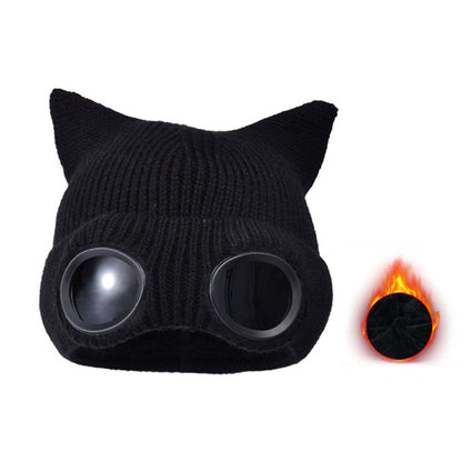 Double Layer Knit Winter Beanie with Goggles - Black