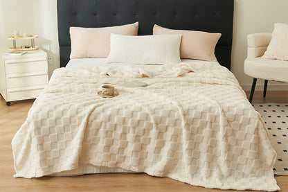 Soft Fleece Throw Blanket Checkered Jacquard Throw Blanket for Couch Bed-Beige