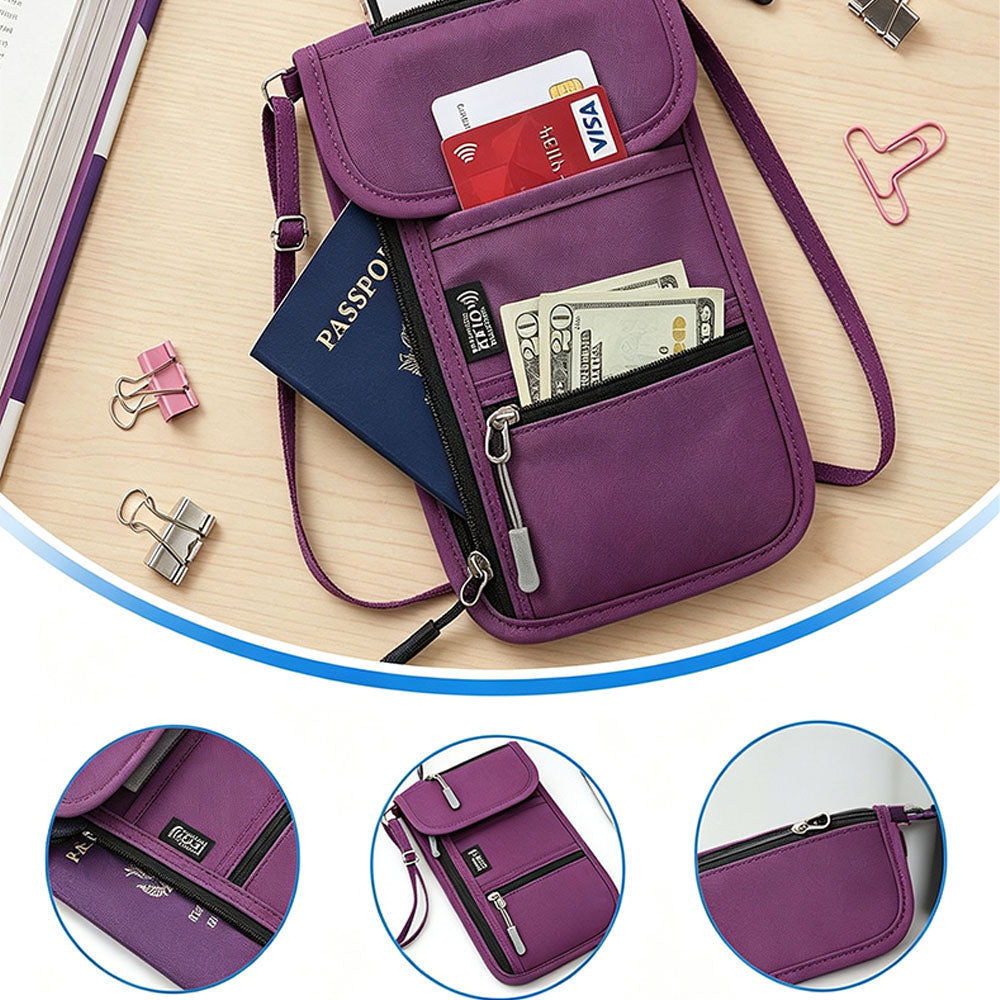 RFID Lined Travel Passport Holder Neck Wallet -Purple
