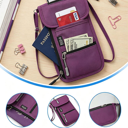 RFID Lined Travel Passport Holder Neck Wallet -Purple