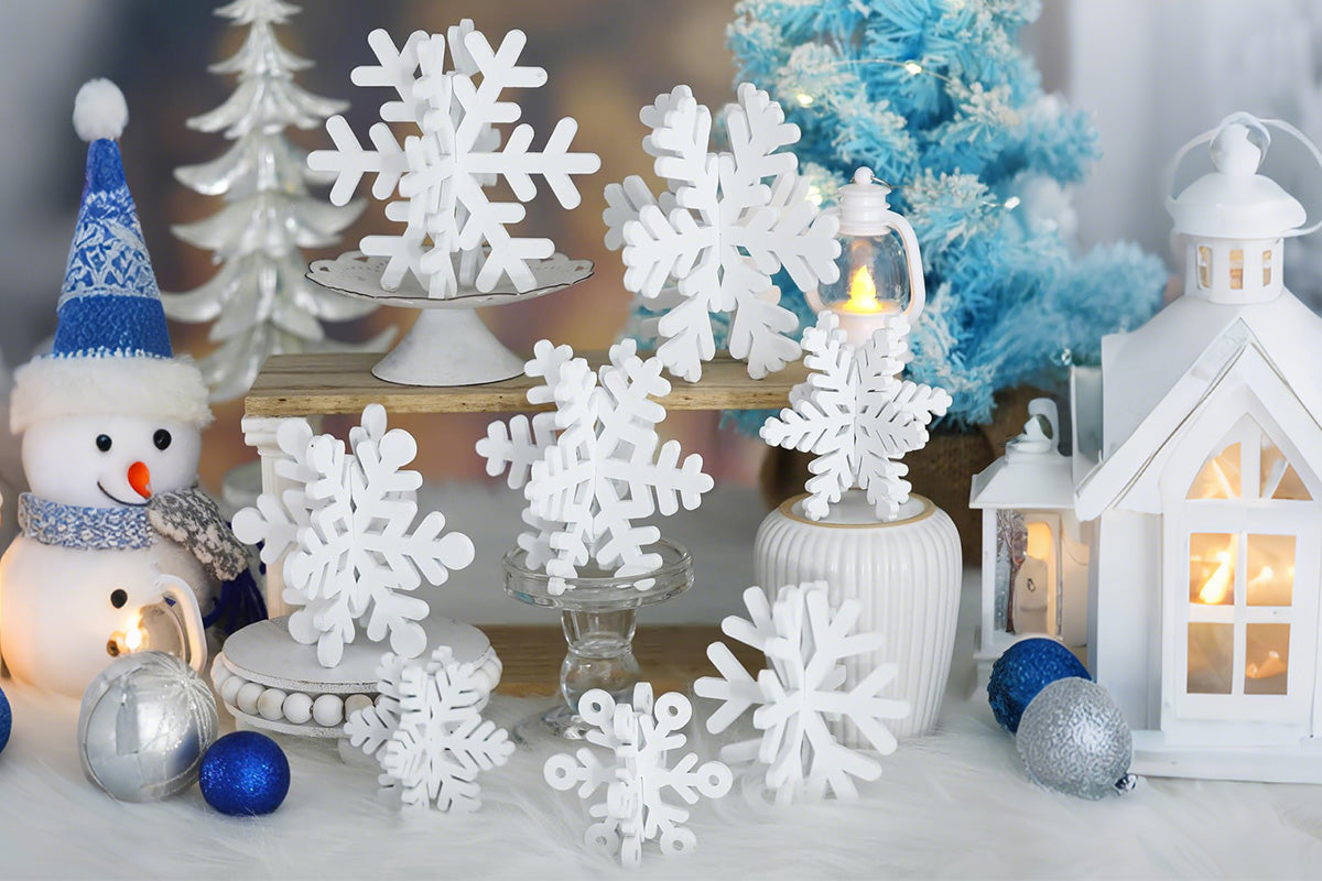 8Pcs 3D Wooden Snowflake Table Decor Christmas Wonderland Centerpiece-White
