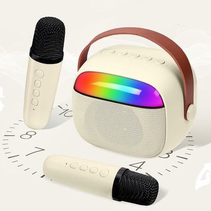 Mini Karaoke Machine with 2 Wireless Microphones Portable Bluetooth Speaker Singing Machine Beige