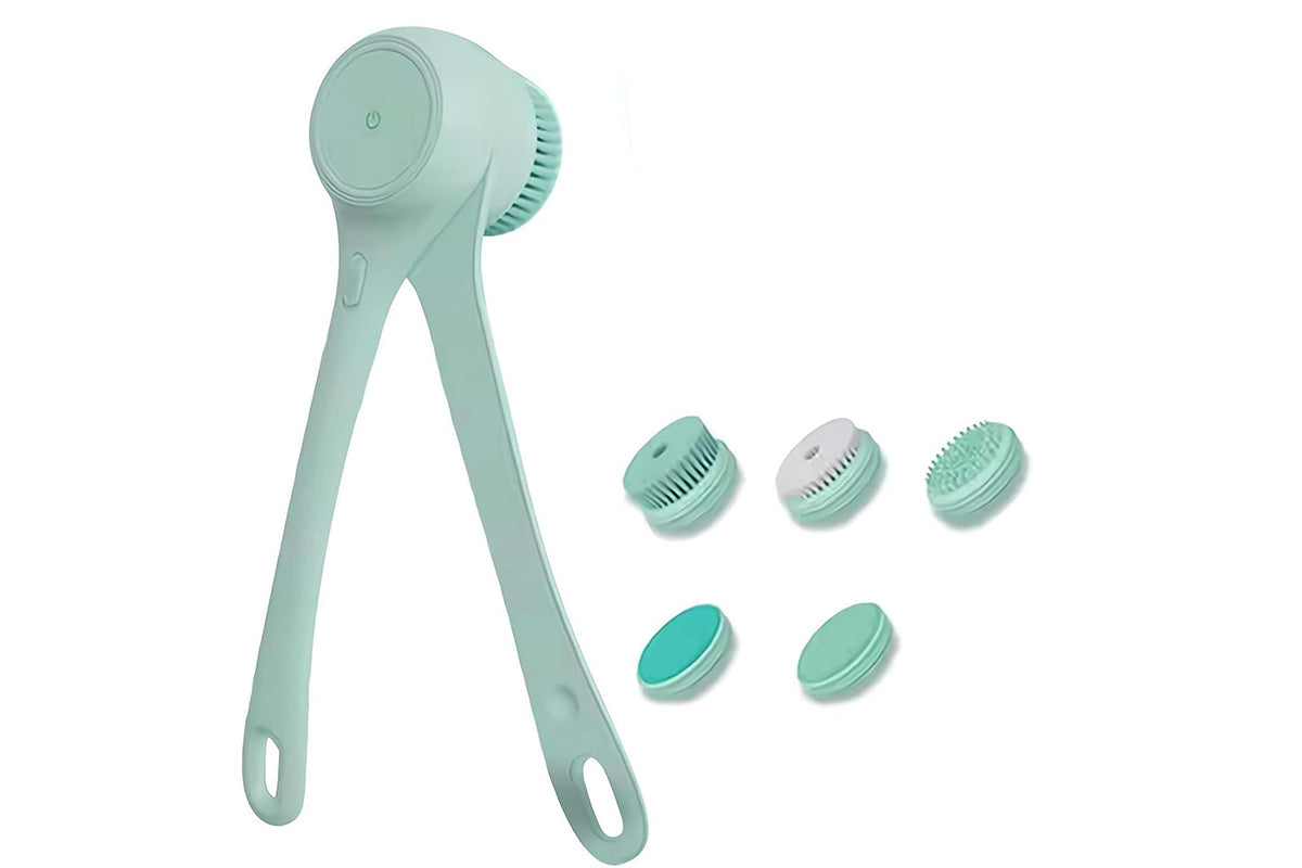 5 in 1 Electric Body Back Scrubber Dual Handle Bath Brush for Shower Exfoliating-Green