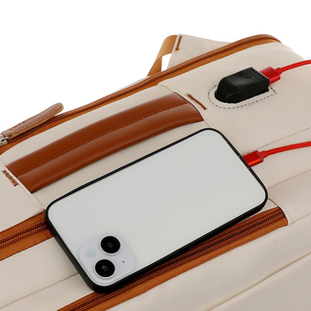 26L Expandable Commuter Backpack Water Resistant Laptop Bag with USB Charging Port Beige