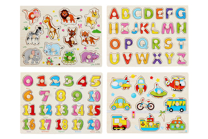 4 Sets Wooden Peg Puzzle for Girls Boys with Alphabet Animal Dinosaur Vehicle