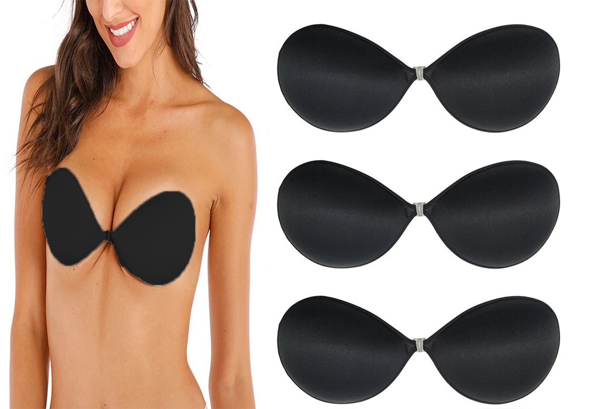 3 Pairs Adhesive Invisible Bra Strapless Push Up Bra Backless Silicone Bra Women-Black