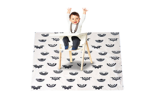 Washable Portable Baby Splat Mat For Under High Chair Arts Anti-Slip Floor Protector-Black And White Rainbow