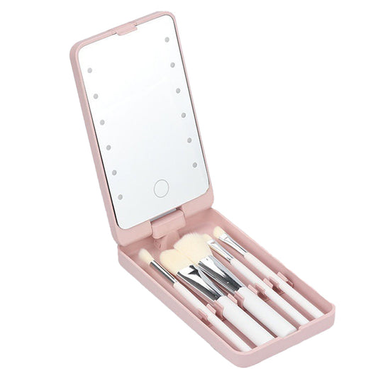 Rotating LED Vanity Mirror with 5 Cosmetic Brushes Portable Travel Makeup Mirror with Light Pink