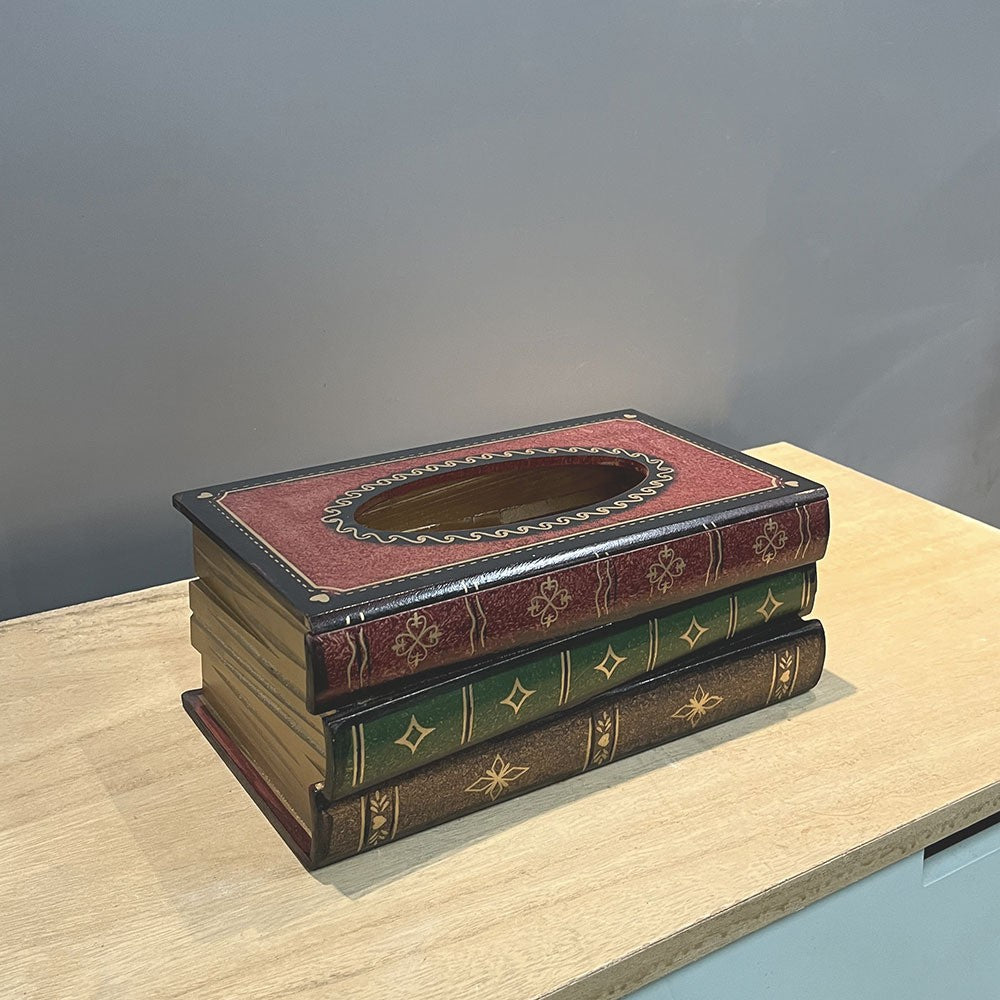 Retro Tissue Box Cover Wooden Antique Book Tissue Holder Dispenser Home Decor-Red