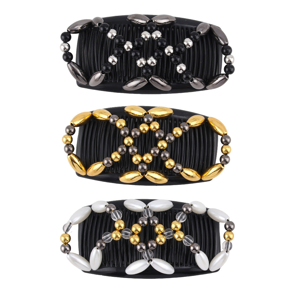 3 Pack Beaded Hair Comb Double Row Elastic Clip Hair Accessories