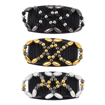 3 Pack Beaded Hair Comb Double Row Elastic Clip Hair Accessories