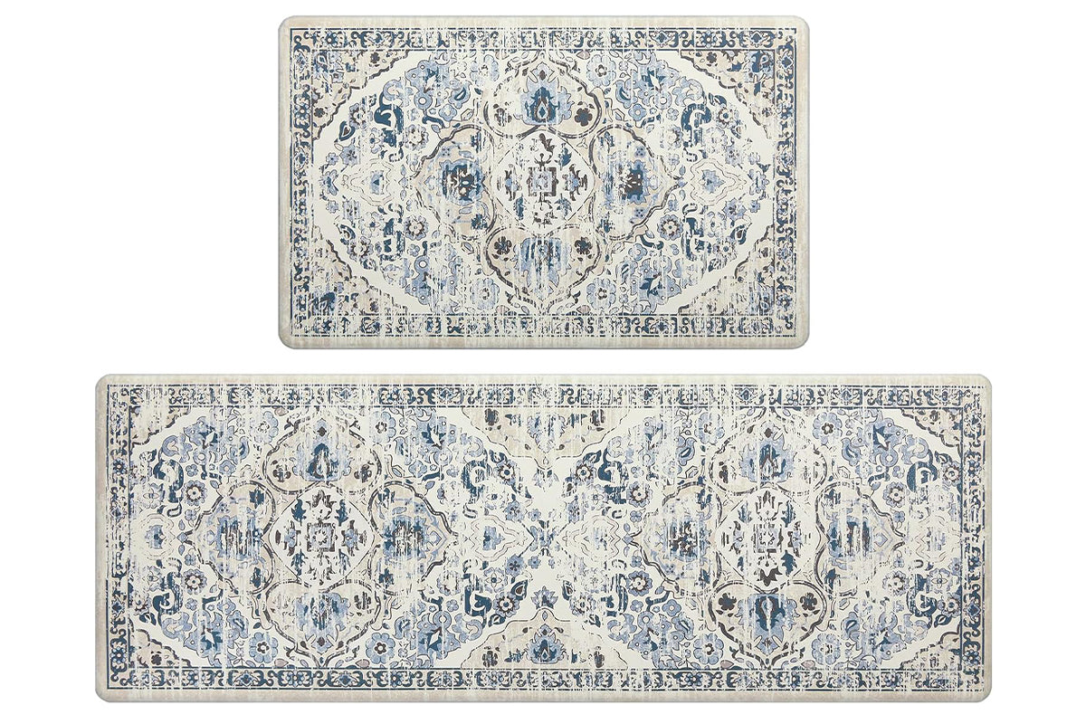 2Pcs Boho Anti-Fatigue Kitchen Mats Non-Slip Cushioned for Kitchen Sink Laundry -Navy Blue