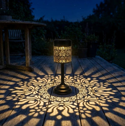 Outdoor Solar Cutout Metal Table Lantern for Patio and Garden - Warm White