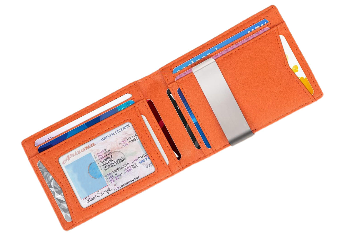 PU Leather Wallet RFID Blocking Front Pocket Bifold Card Holder-Orange