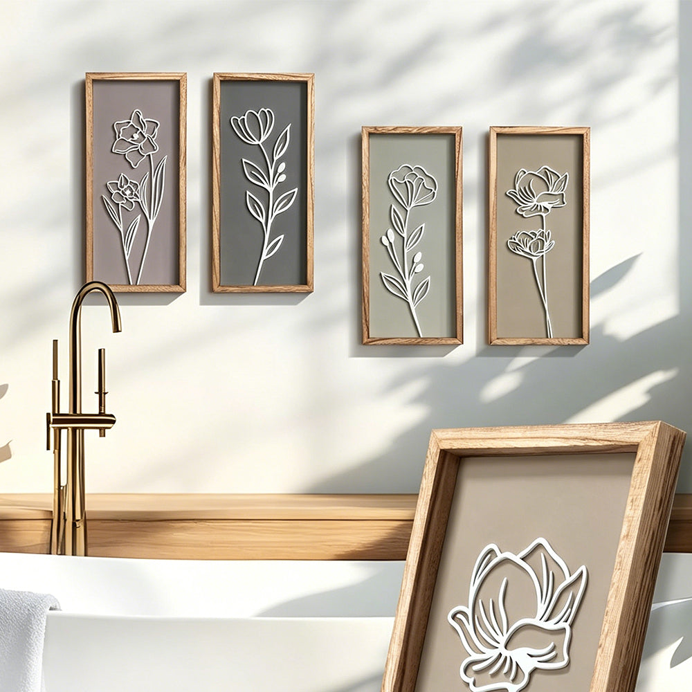 4 Piece Set Wood Frame Floral Hollow Out Wall Art