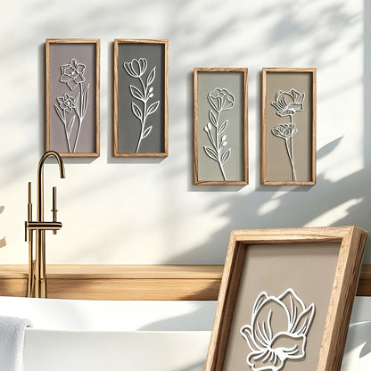 4 Piece Set Wood Frame Floral Hollow Out Wall Art