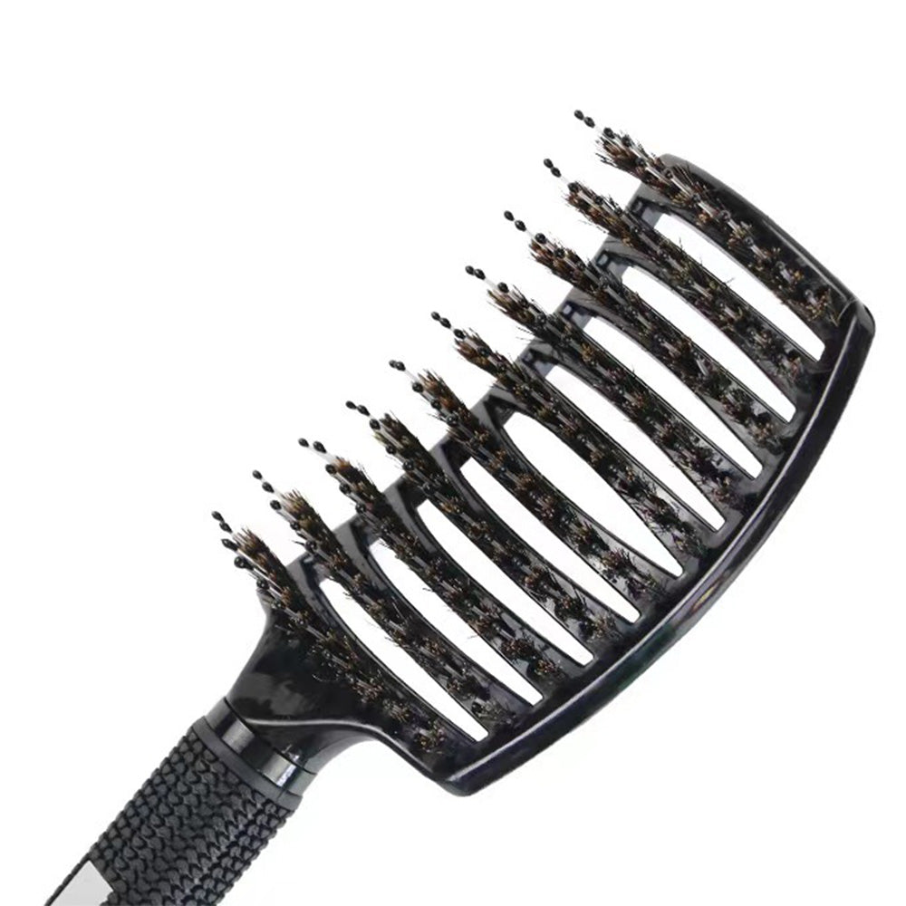 Detangle Nylon Boar Bristle Brush Head Scalp Massage Comb For Fine Hair-Black