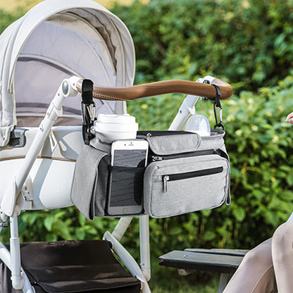 Universal Stroller Organizer with Cup Holder Travel Essential Caddy with Shoulder Strap Grey