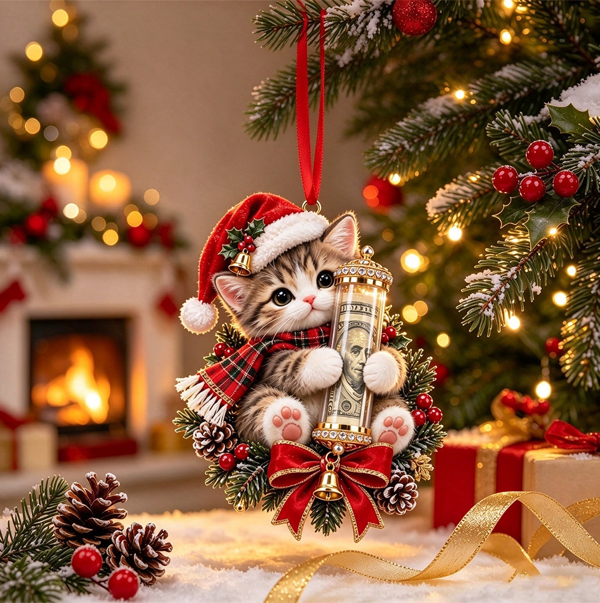 5 Piece Christmas Cash Holder Animal Ornaments with Clear Money Tubes