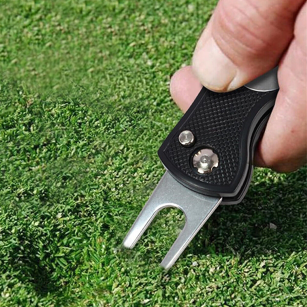 2PCS Magnetized Golf Divot Repair Tool with Pop-up Fork and Ball Marker Black