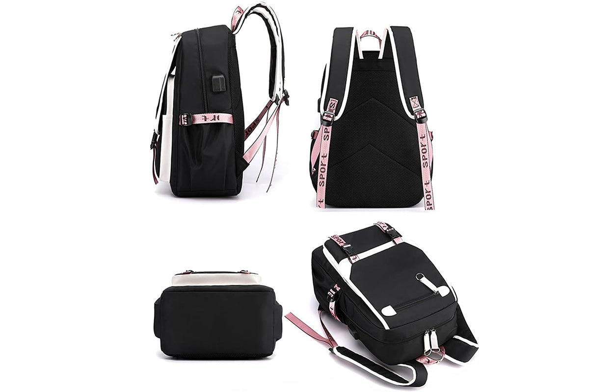 Girls Backpack Middle School Students Bookbag with USB Charge Port-White