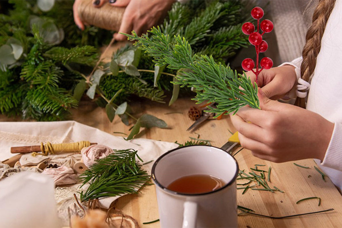 Christmas Artificial Flowers with Berry Stems Fake Pine Sprigs Garland Branches