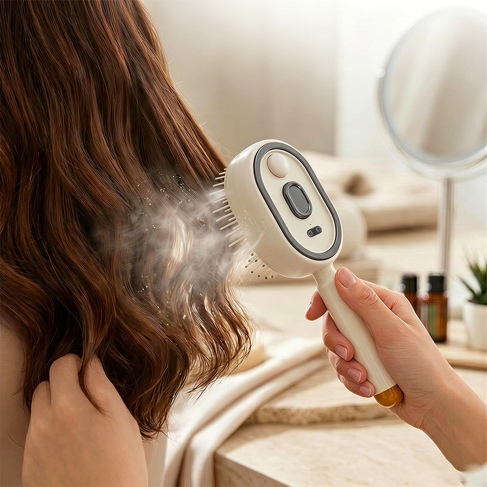 Electric Steam Hair Brush Mist Spray Cushion Comb for Smoothing Frizz-Beige