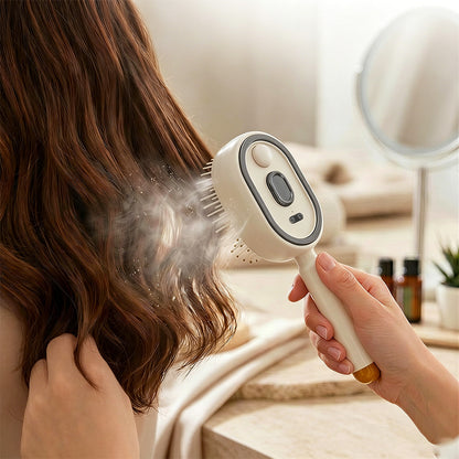 Electric Steam Hair Brush Mist Spray Cushion Comb for Smoothing Frizz-Beige