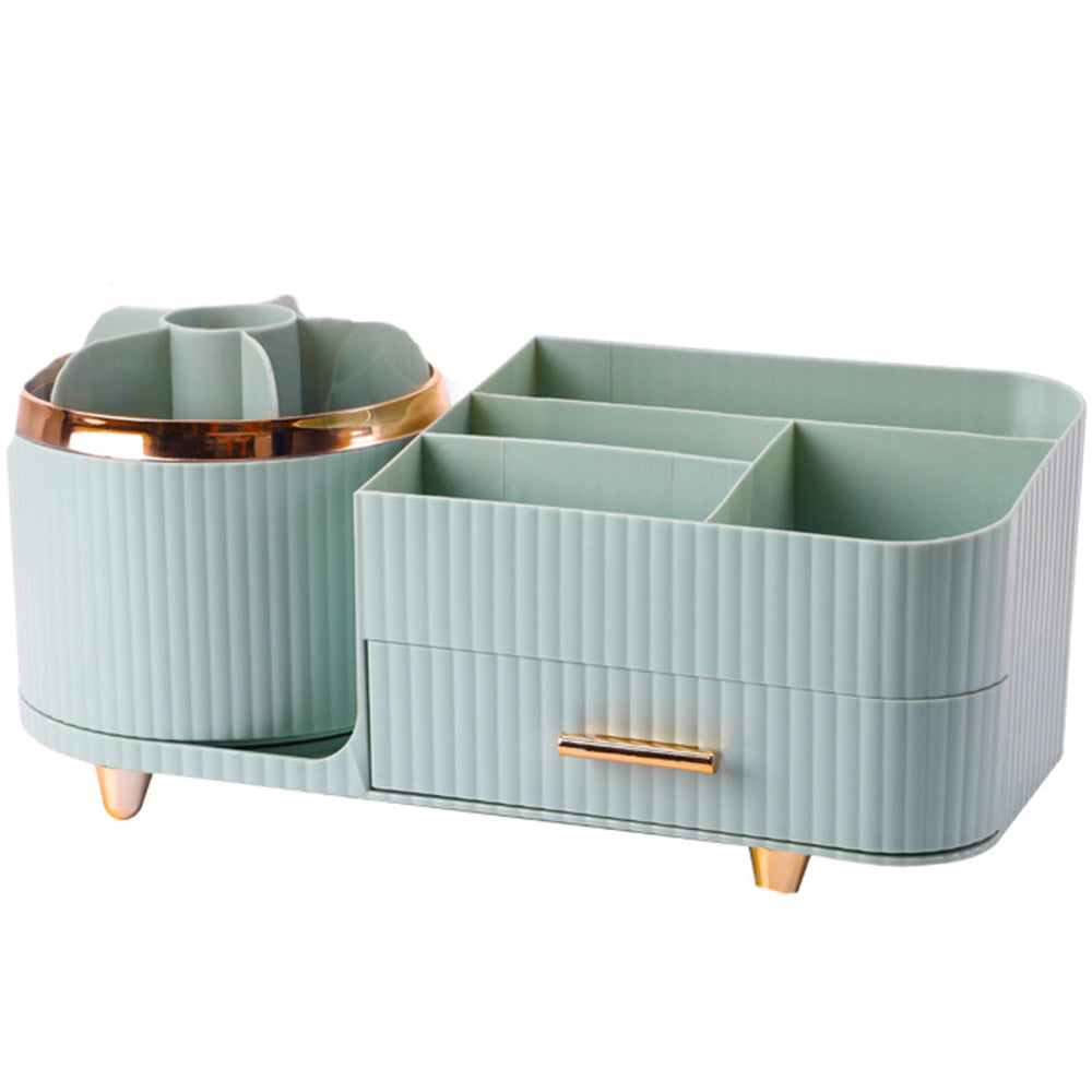 Rotating Makeup Organizer for Vanity with Brush Holder and Drawer Spinning Cosmetic Storage Case Green