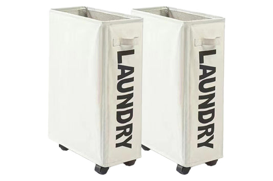 2Pcs Foldable Laundry Washing Clothes Storage Bag With Universal Wheels-Beige