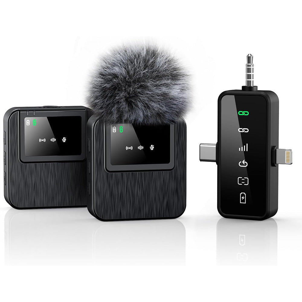 3-in-1 2.4G Wireless Lavalier Microphone Set Compatible with iPhone Android Device for Recording Live Streaming