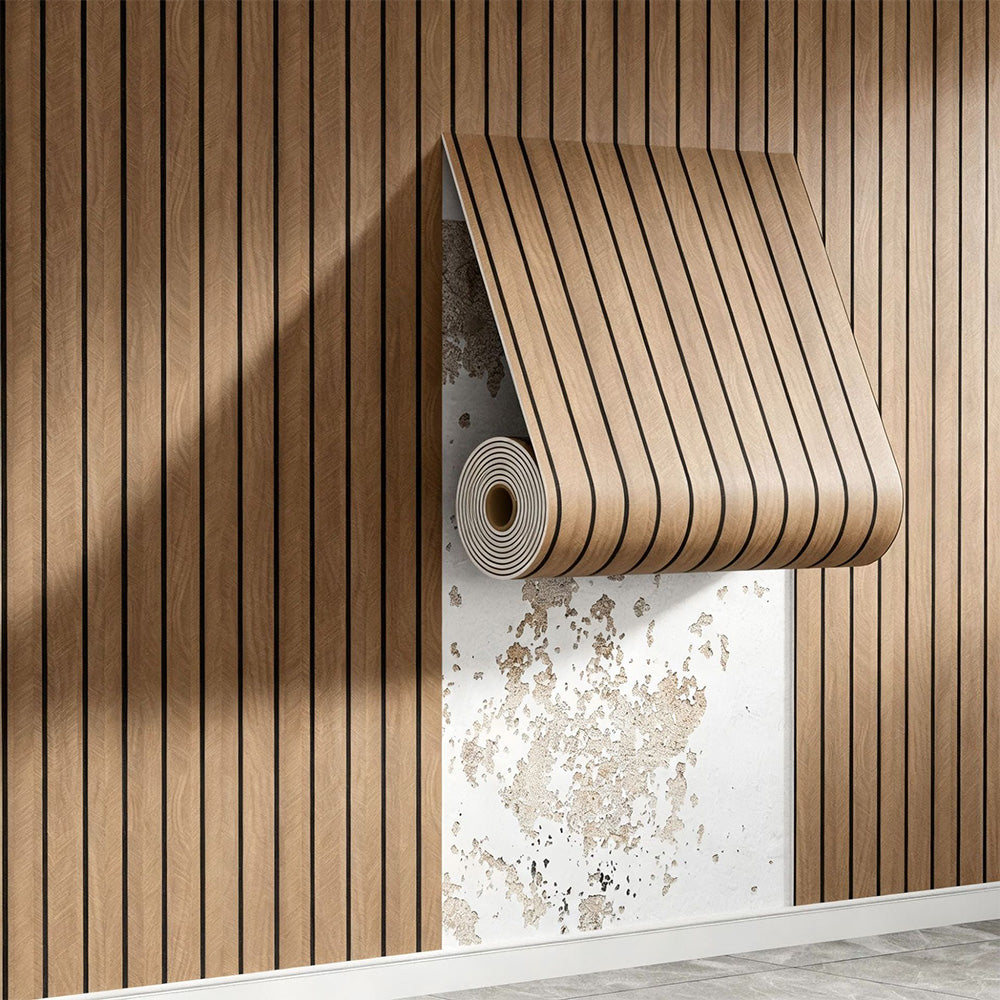 Self Adhesive PVC Slat Wall Panel with Faux Engineered Wood Grain - Gold