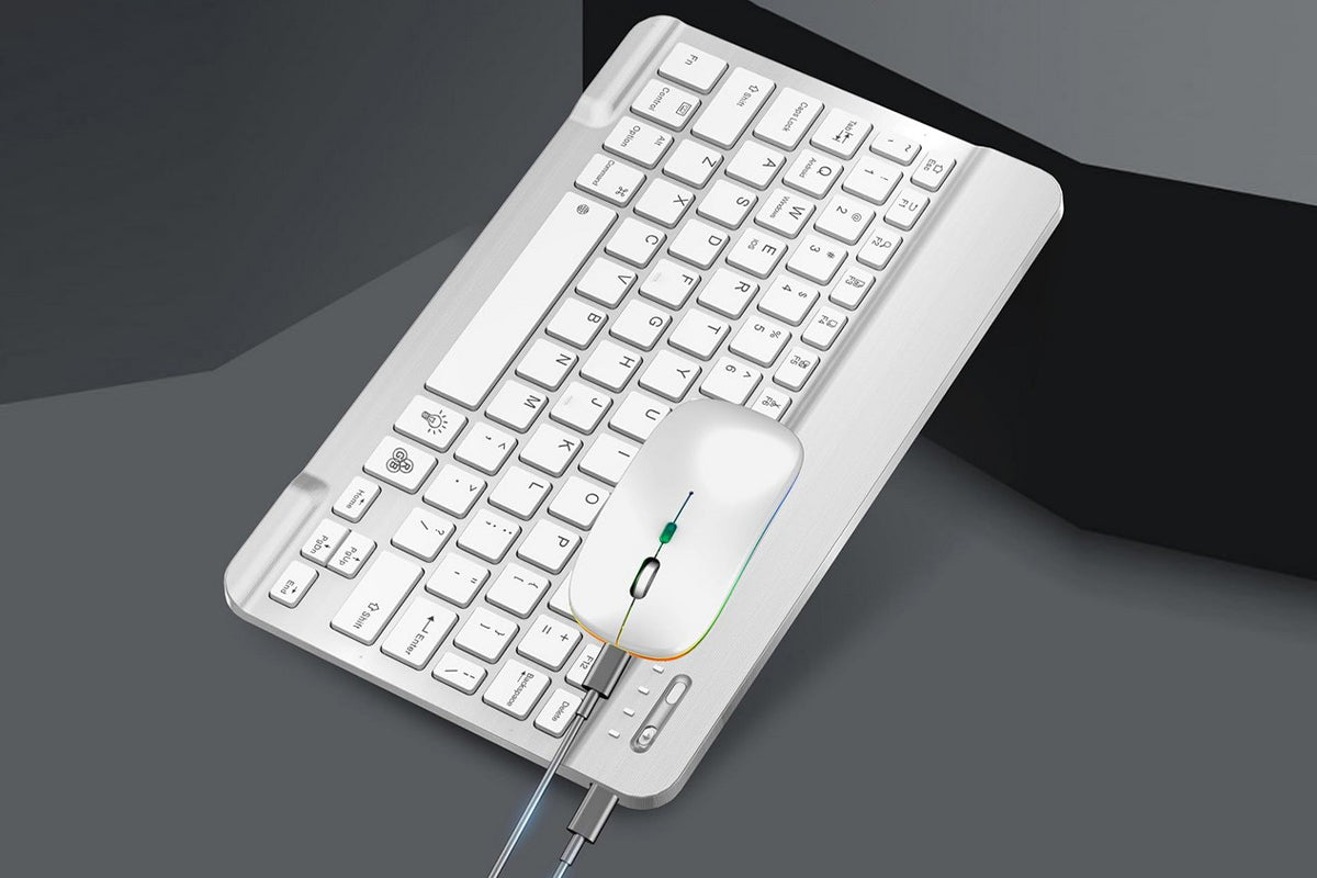 Ultra thin Bluetooth Keyboard and Mouse Combo for iPad Rechargeable RGB Wireless Keyboard Mouse 7-Color Backlit-White