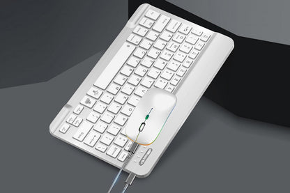 Ultra thin Bluetooth Keyboard and Mouse Combo for iPad Rechargeable RGB Wireless Keyboard Mouse 7-Color Backlit-White