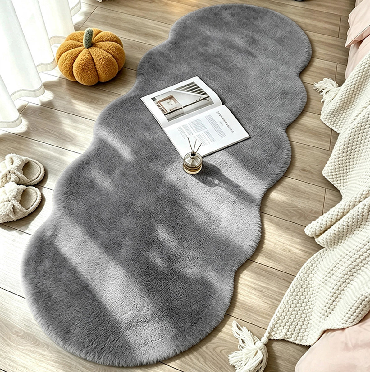 Soft Faux Rabbit Fur Rug for Bedroom Living Room and Bedside - Grey