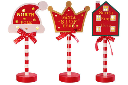Christmas Decorations Santa Stop Here Pole Sign with LED Light Xmas Tabletop Stand Decor for Holiday Party Decorative Christmas Gift-House + Crown + Santa hat