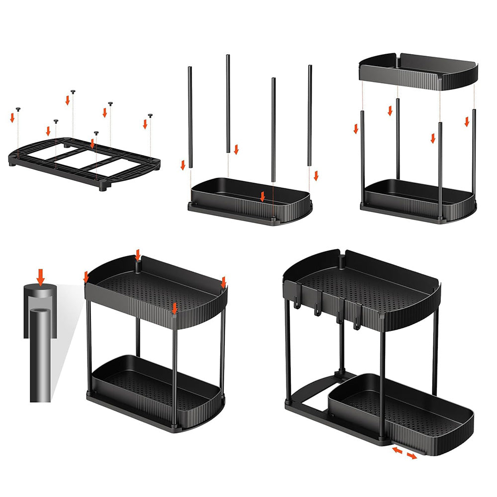 2Pcs Pull Out Storage Organizer Under Sink Shelf with 8 Hooks for Home Use