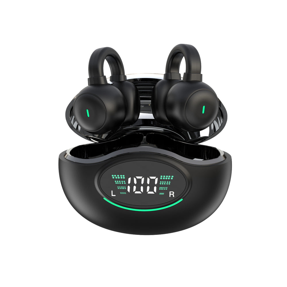 Bluetooth 5.3 Ear Clip Headphones Wireless Sports Earbuds with LED Display Charging Case Black
