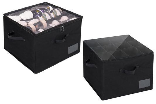 2Pcs 12 Grids Foldable Shoe Storage Organizer for Closet with Transparent Lid Fits 12-16 Pairs for Shoes Sneakers Sandal Heels-Black