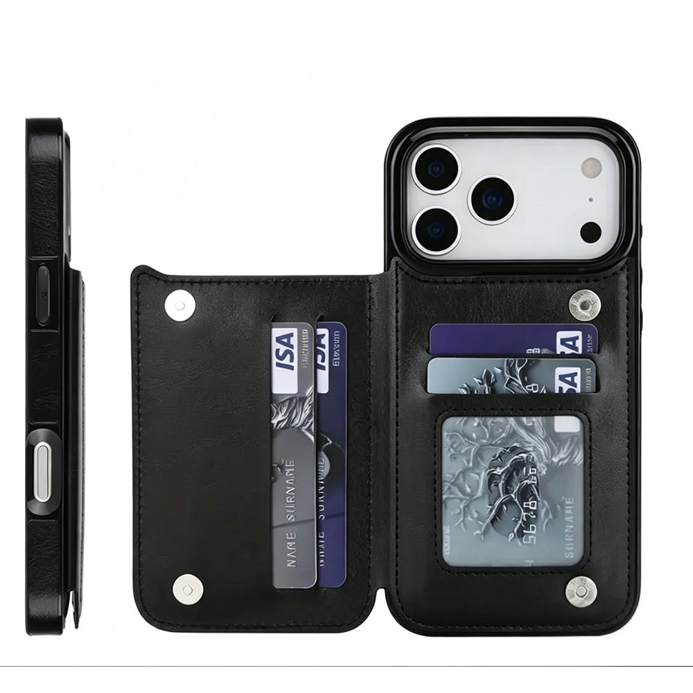 Leather Wallet Case for iPhone 17 Series Double Magnetic Flip Closure Full Body Drop Protection-Black