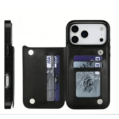 Leather Wallet Case for iPhone 17 Series Double Magnetic Flip Closure Full Body Drop Protection-Black