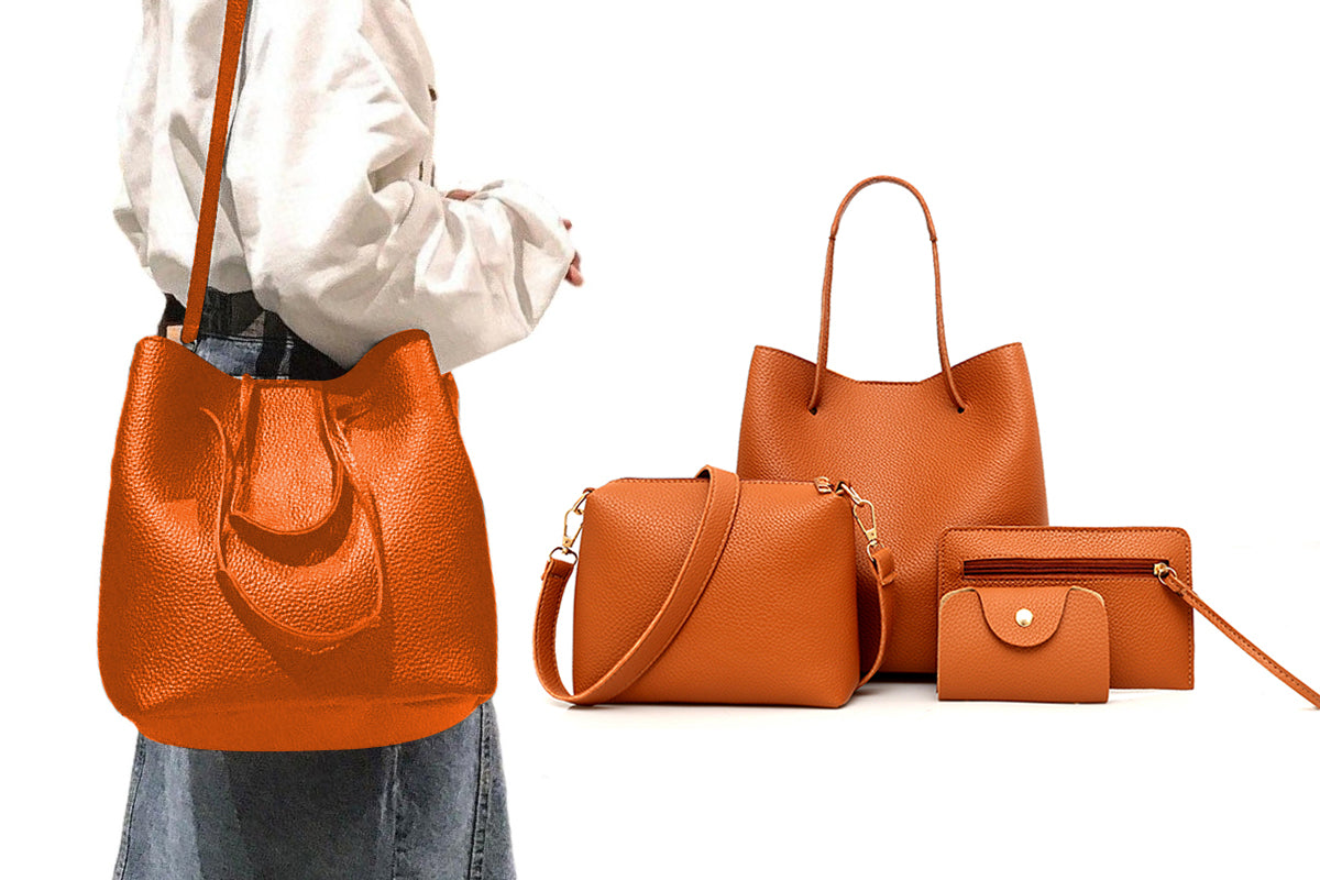 4 Pack Women Soft PU Leather Top Handle Bags Set-Brown