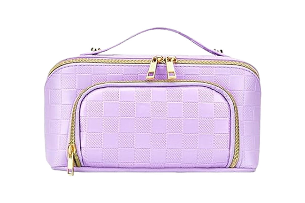 Large Capacity PU Leather Water-Resistant Checkered Cosmetic Bag Travel Makeup Bag-Purple