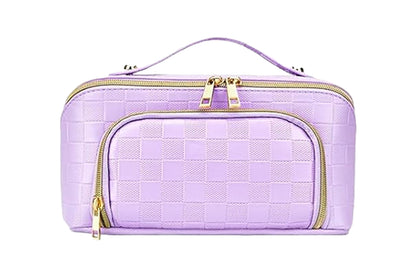 Large Capacity PU Leather Water-Resistant Checkered Cosmetic Bag Travel Makeup Bag-Purple