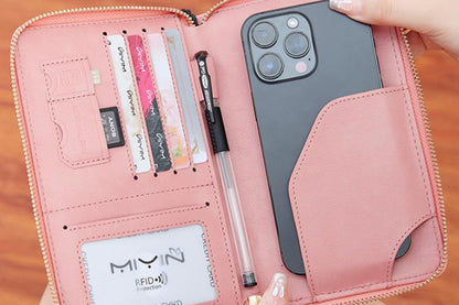RFID Blocking Passport Wallet PU Document Organizer with Wristlet for Women -Pink