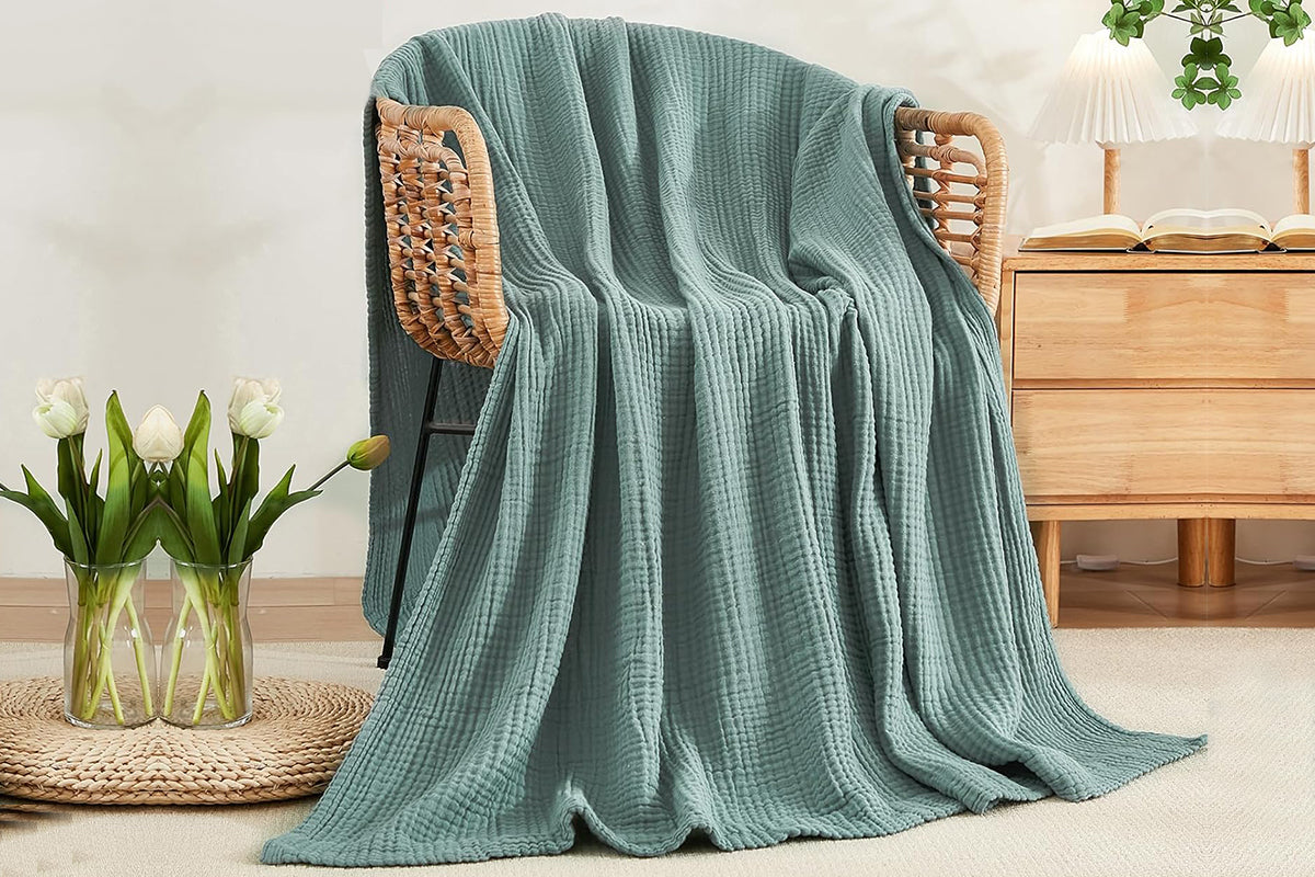 Cotton Muslin Blanket Breathable Soft Muslin Throw Blanket for Adults -Green