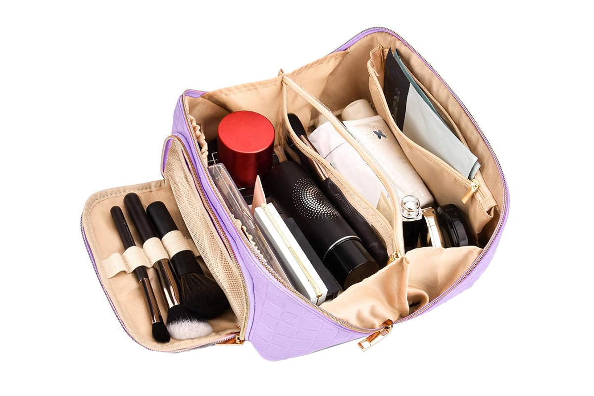 Large Capacity PU Leather Water-Resistant Checkered Cosmetic Bag Travel Makeup Bag-Purple