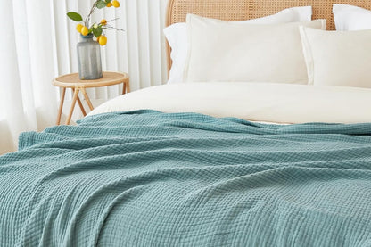 Cotton Muslin Blanket Breathable Soft Muslin Throw Blanket for Adults -Green